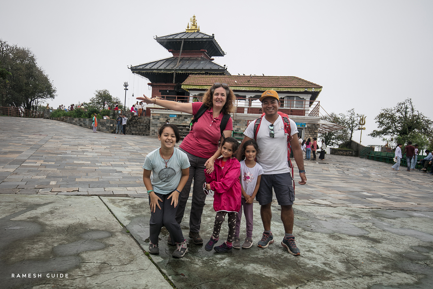 Family trek to Chitlang Valley begins from Chandragiri, Kathmandu, with a scenic mountain landscape.